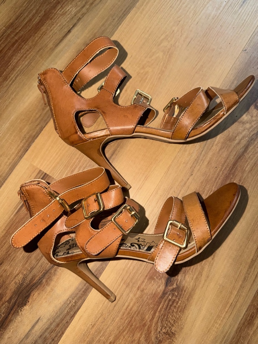 Brash Cognac Tan Strappy Buckle High Heel Sandals